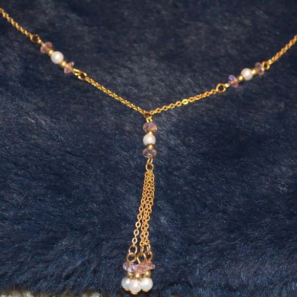 Vintage 3 Gold Chains w/ Pink Faceted Beads & Faux Pearls Chained Necklace - Picture 4 of 4